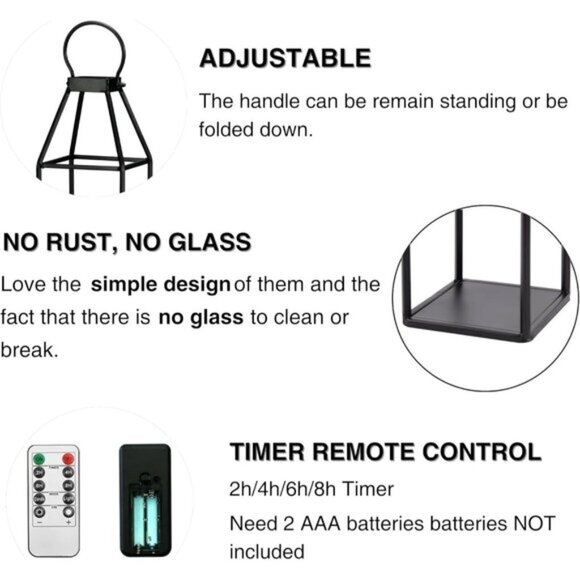 New Set of 3 Black Metal Lanterns Flameless Candle & Remote Timer for Home Decor - Picture 7 of 9